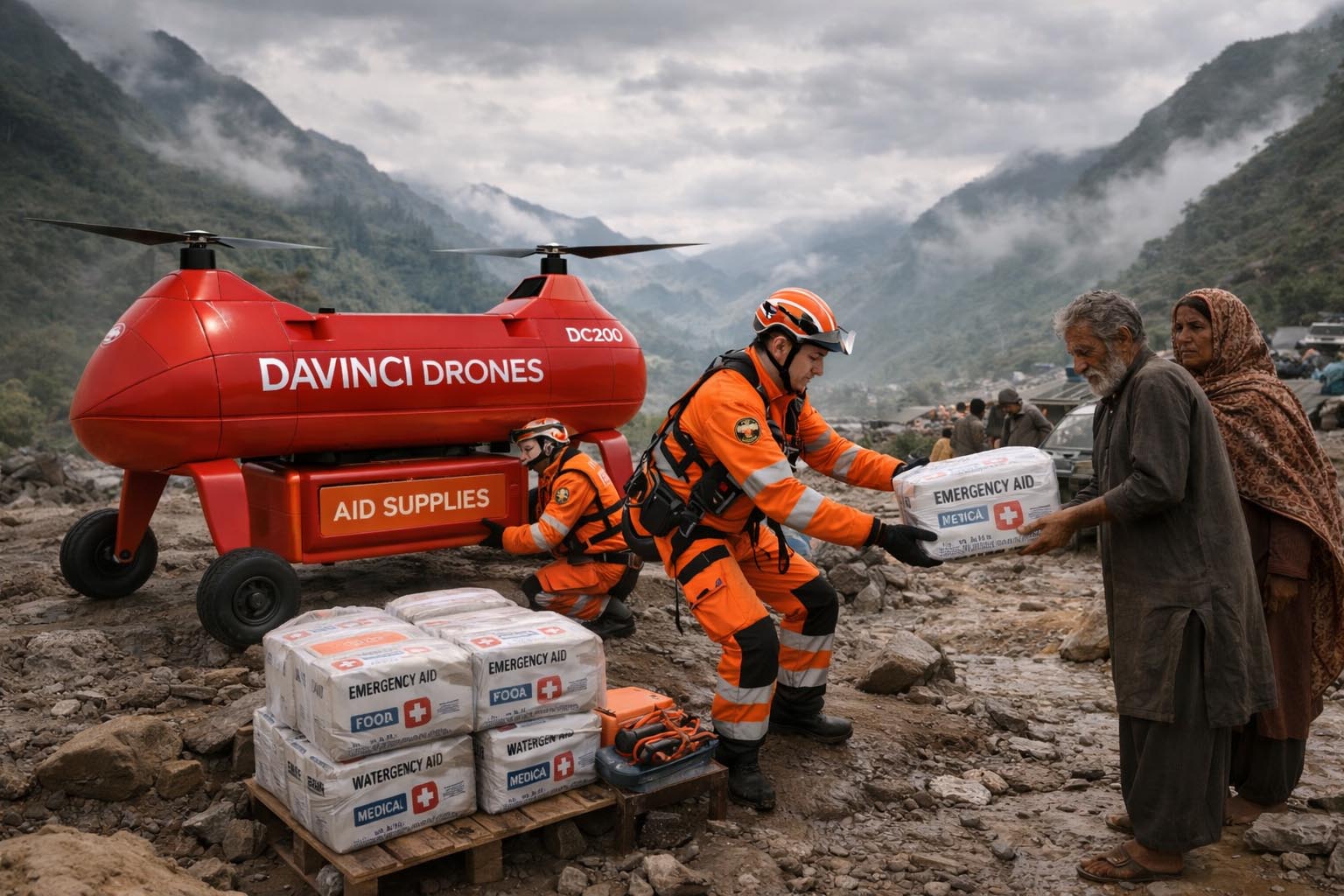 DaVinci drone configured for medical aid transport.