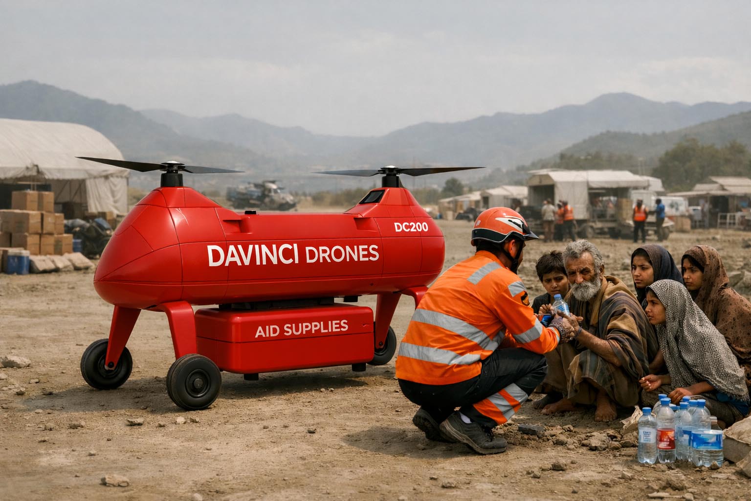 DaVinci drone flying aid supplies through a disaster response corridor.