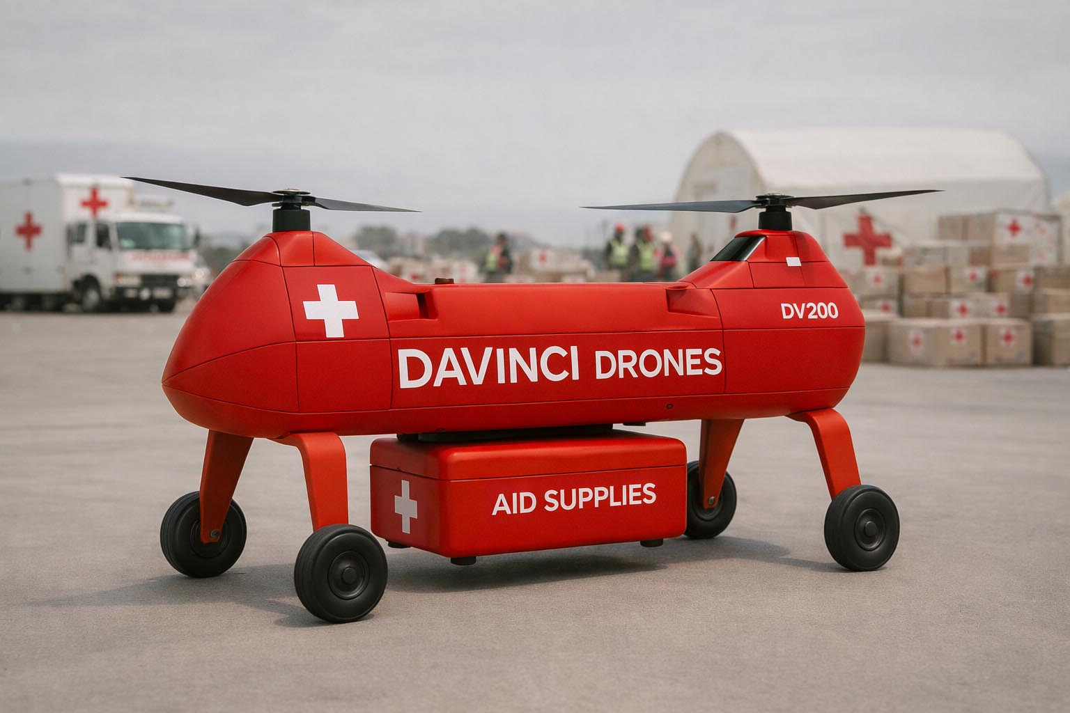 DaVinci drone delivering field supplies for humanitarian operations.