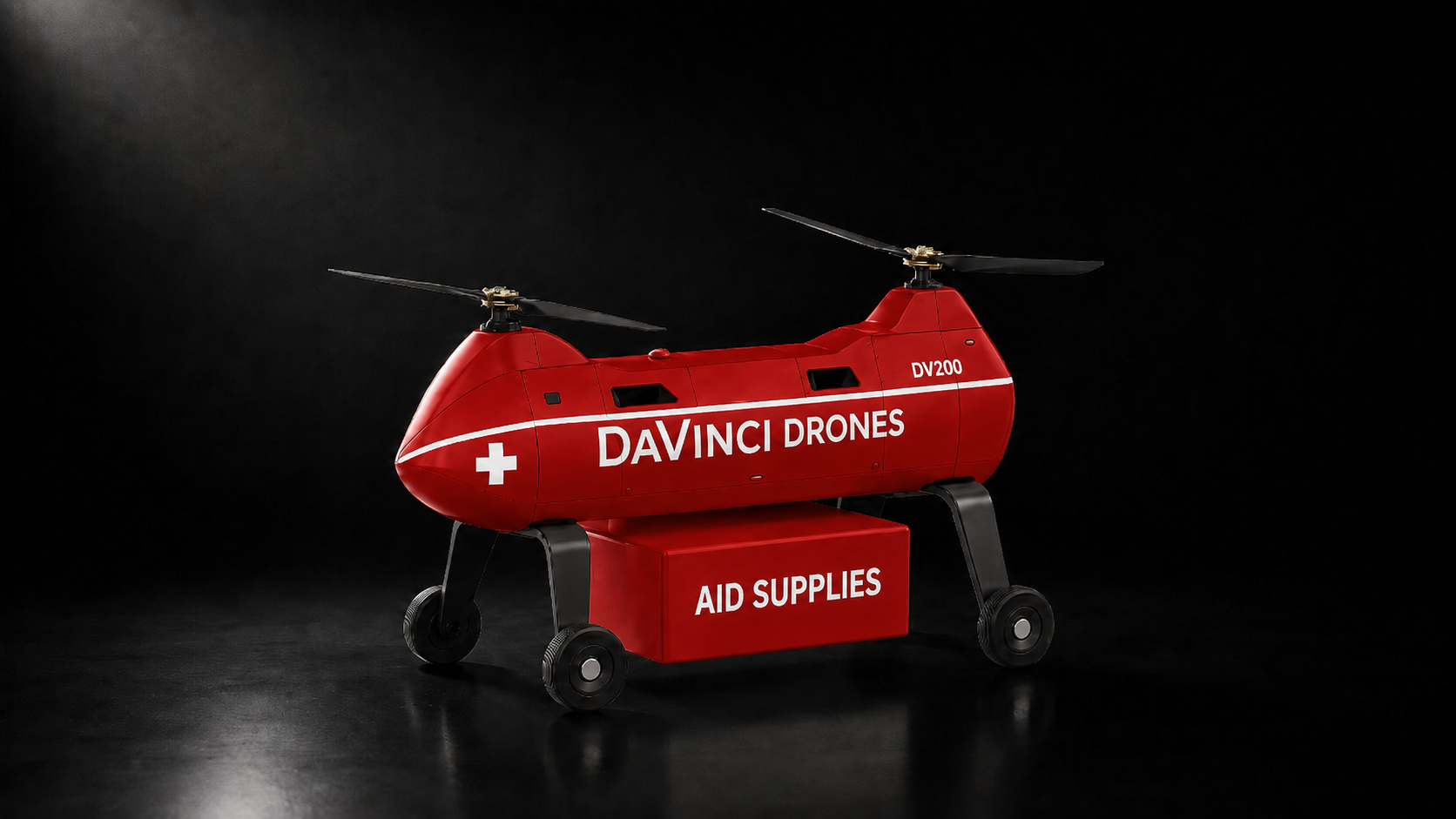 DaVinci Drones aid configuration shown in a dark studio environment.
