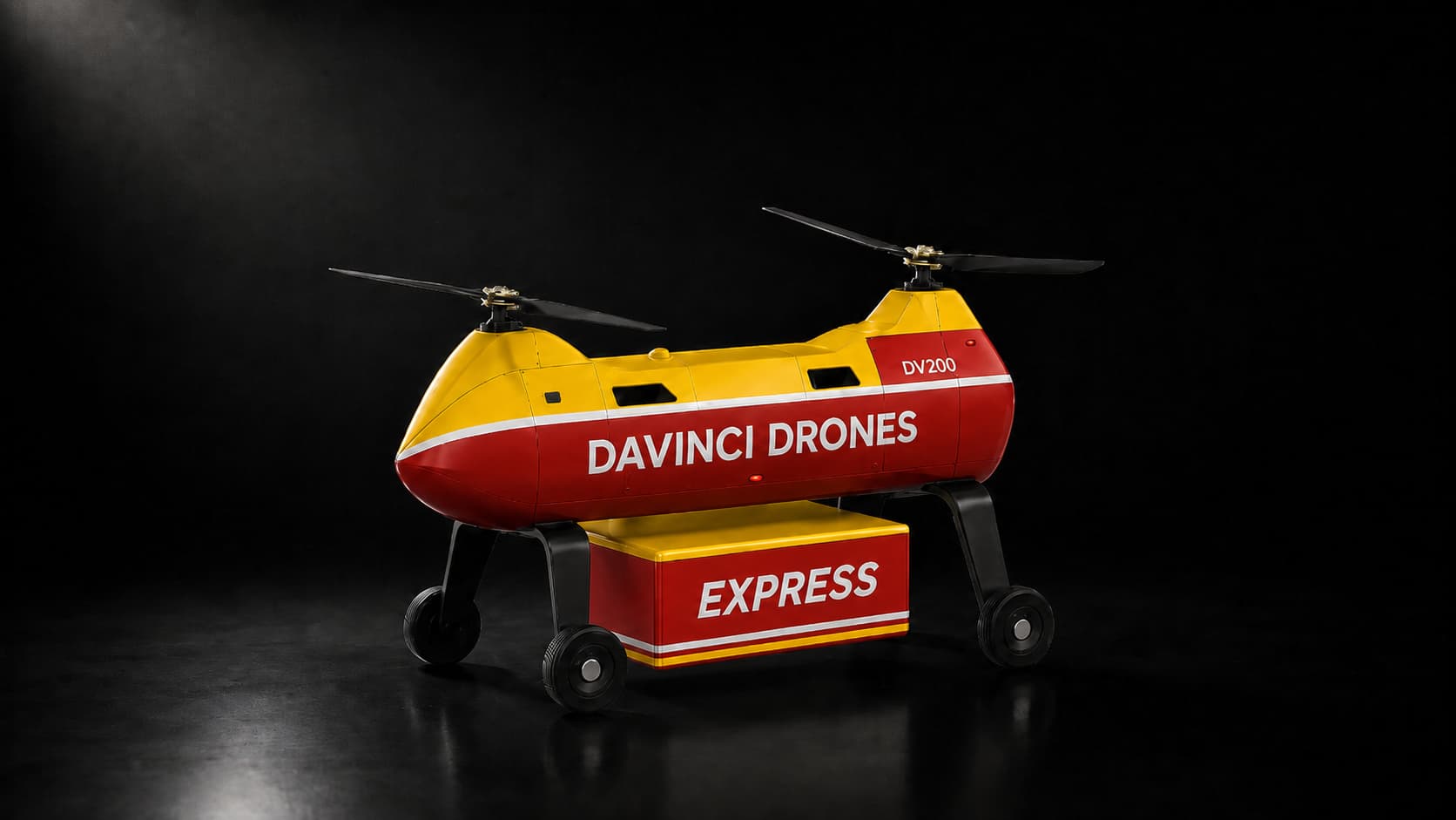 DaVinci Drones logistics configuration shown in a dark studio environment.