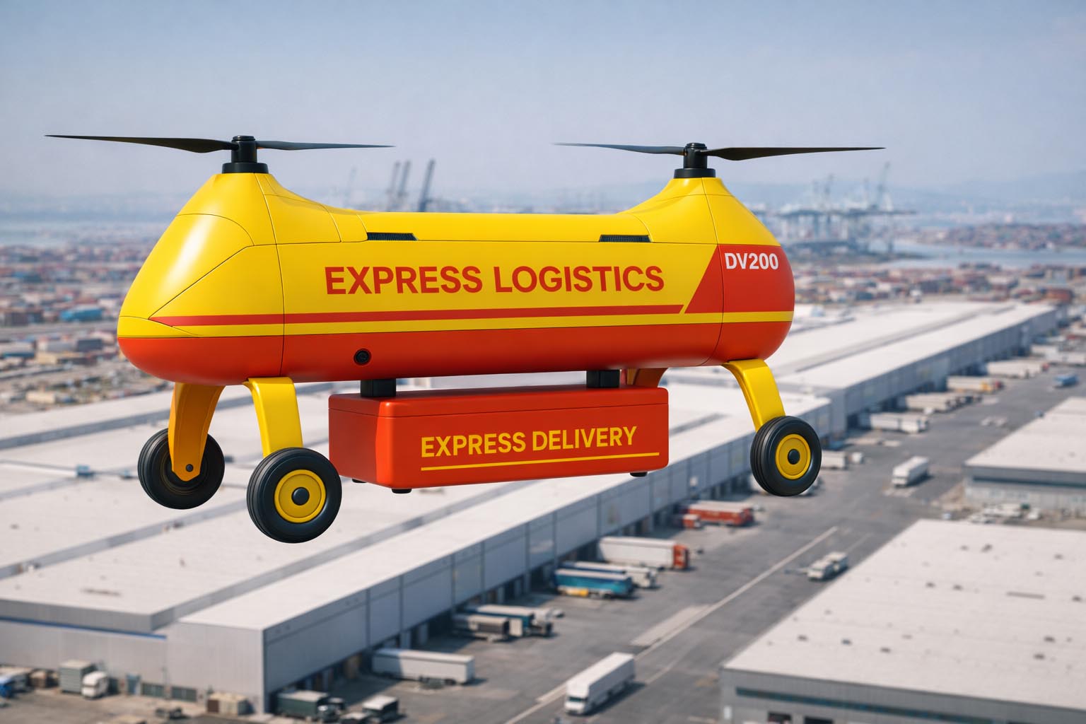 DaVinci cargo drone operating between warehouse logistics nodes.